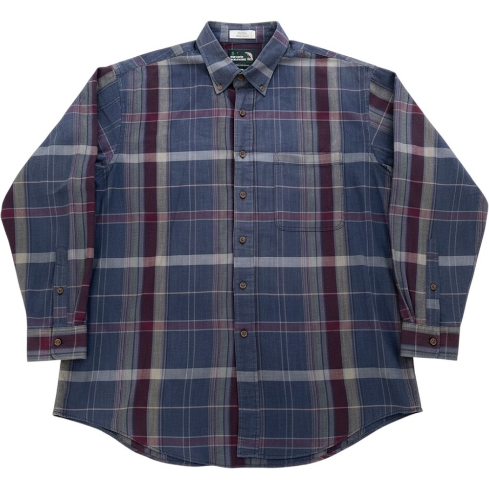 American Woodsman Mens XL Plaid Button Down Shirt Cotton Blue Burgundy USA Made